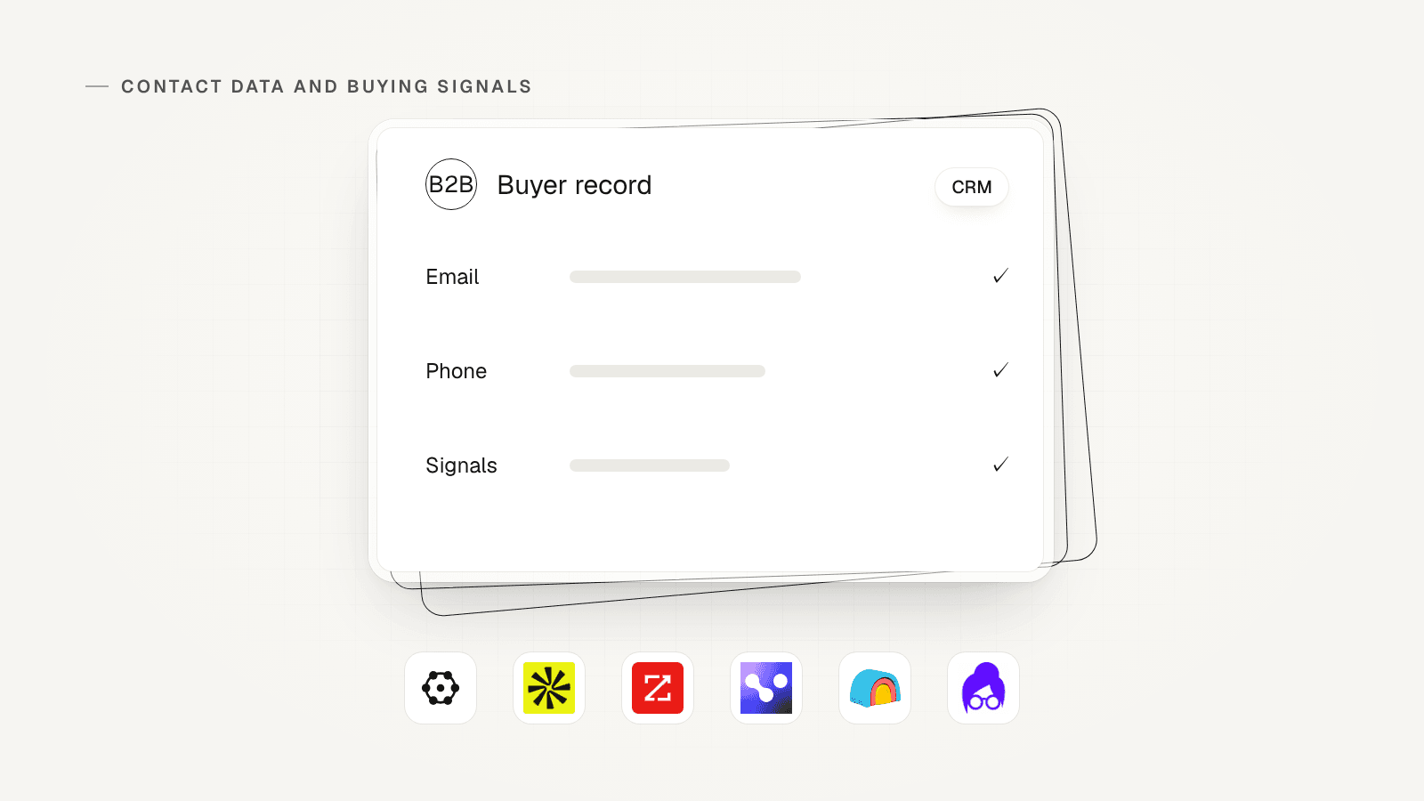 A buyer record with email, phone, signals and CRM above the marks of the six sales intelligence platforms.