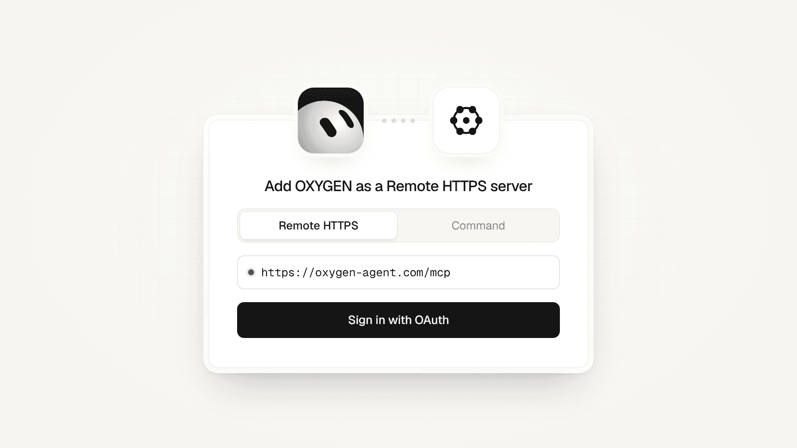 A connect card with the Grok Bot mark linked to the OXYGEN mark: Remote HTTPS, https://useoxygenhq.com/mcp, and Sign in with OAuth.